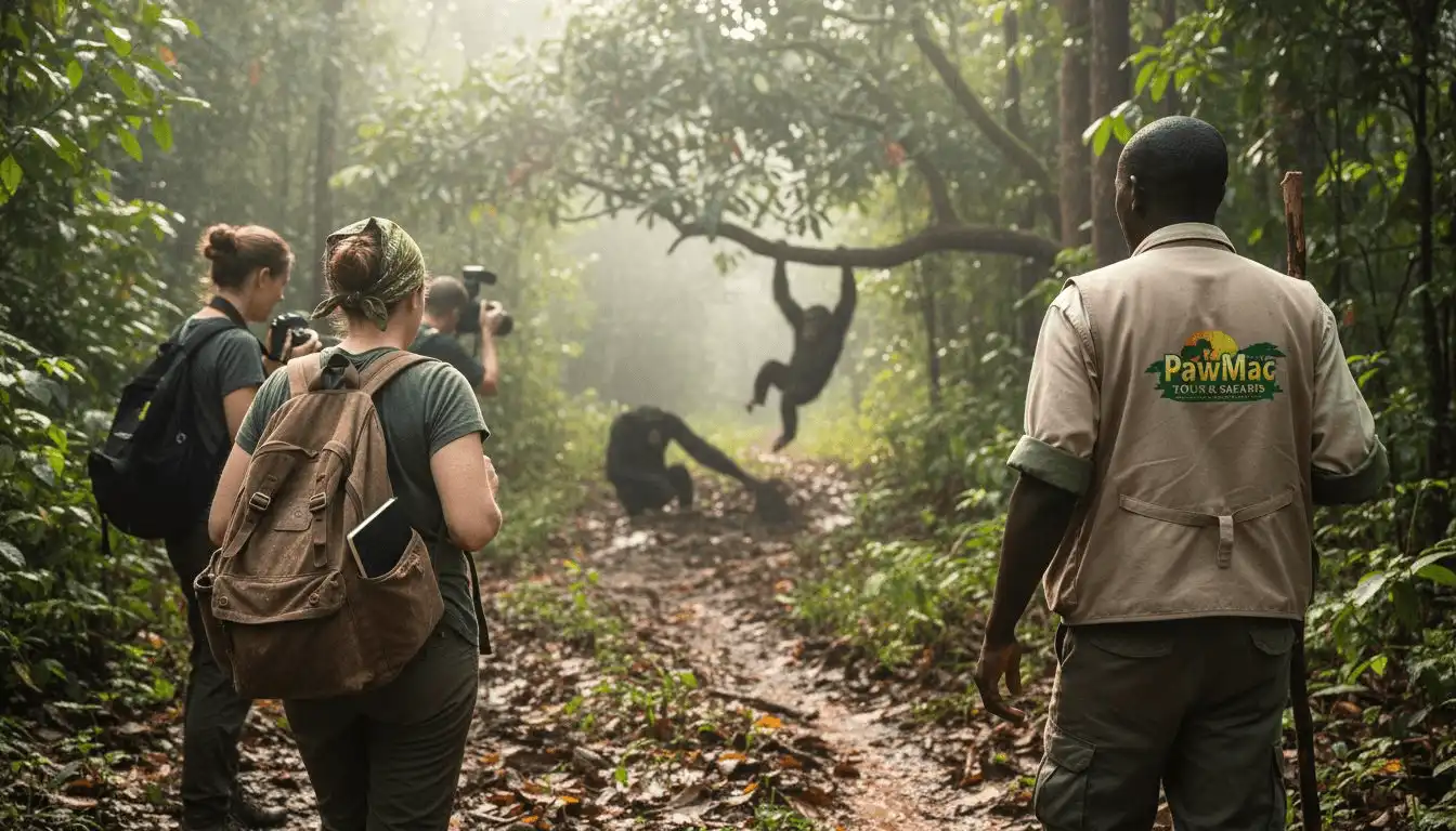 Travelers tracking chimpanzees in Uganda forest
