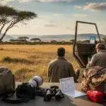 Two safari travelers standing near table with travel insurance papers
