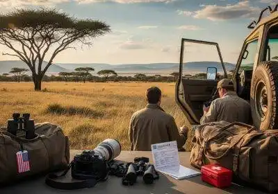 Two safari travelers standing near table with travel insurance papers