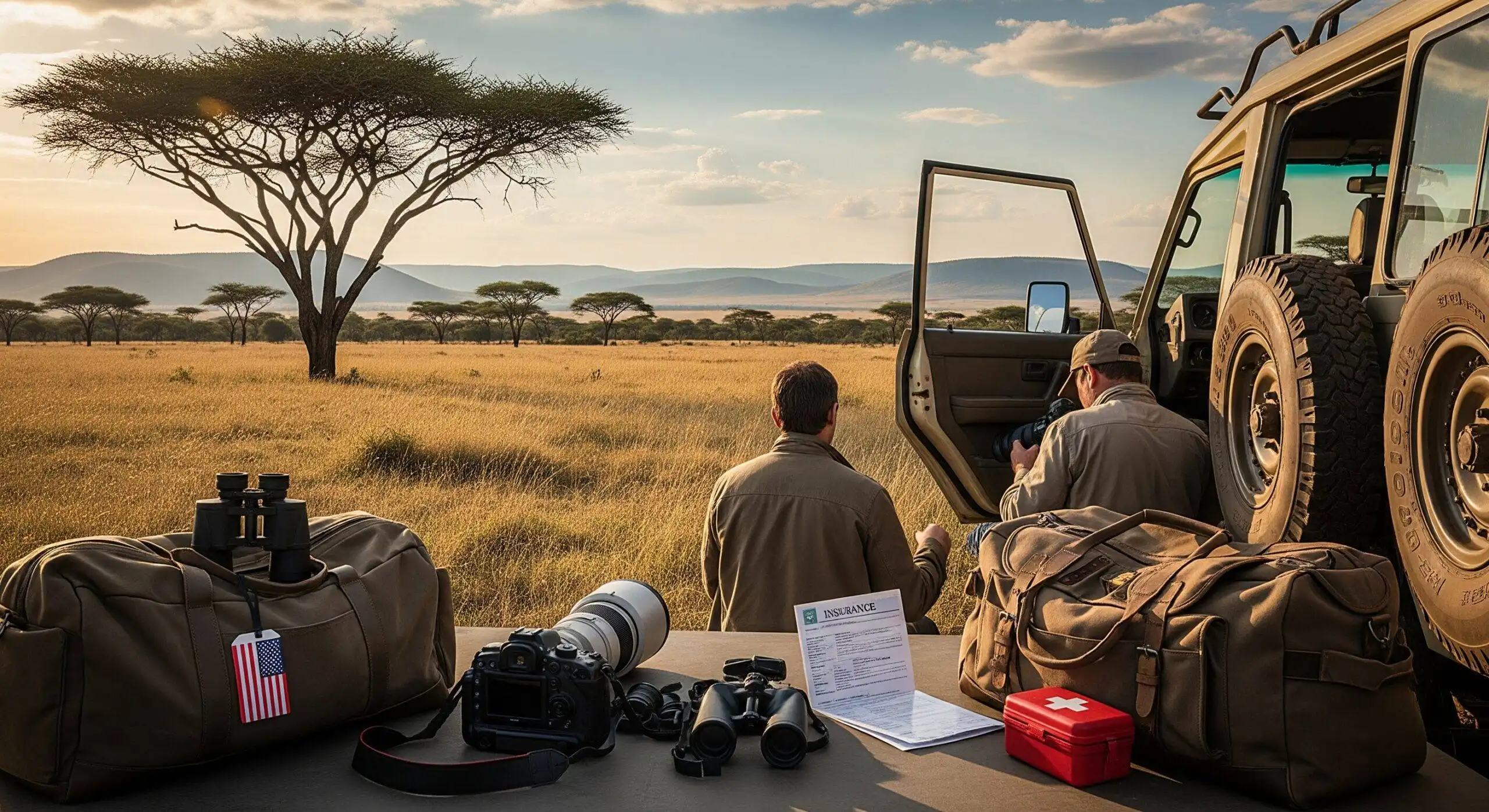 Two safari travelers standing near table with travel insurance papers