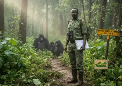 Uganda ranger with gorilla permit in rainforest