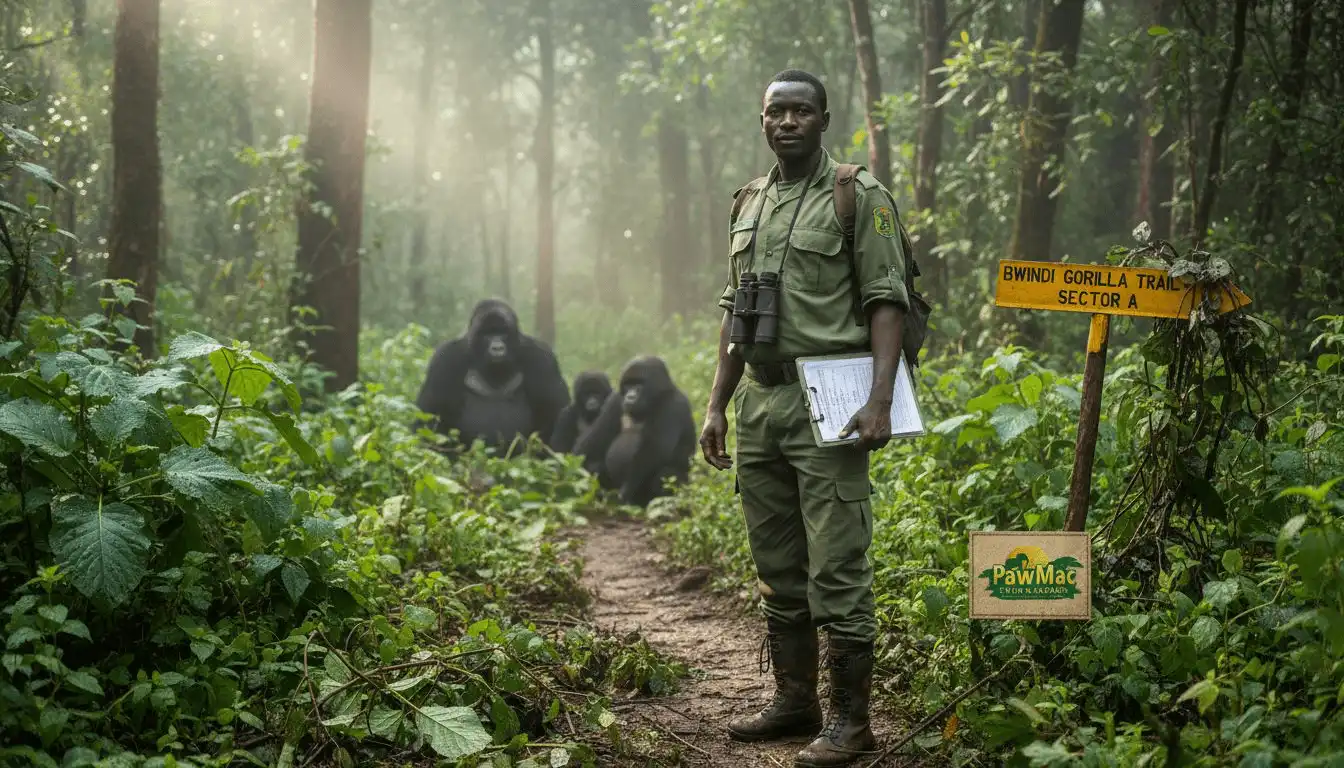 Uganda ranger with gorilla permit in rainforest