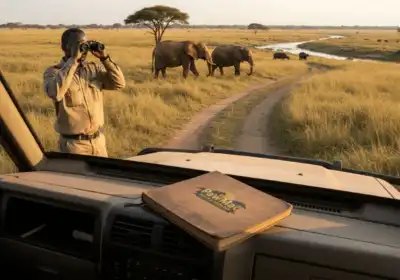 Uganda safari guide scanning Big Five landscape