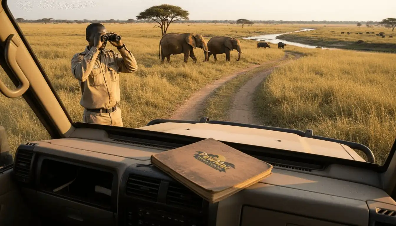 Uganda safari guide scanning Big Five landscape