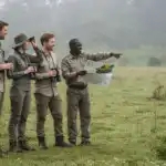 Tourists and ranger on Uganda safari trail