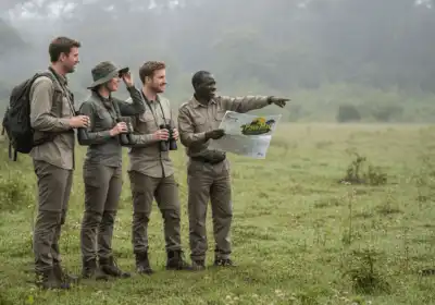 Tourists and ranger on Uganda safari trail