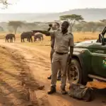 Safari guide ensuring safe wildlife distance in Uganda