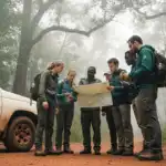 Tourists with gorilla permits at park entrance