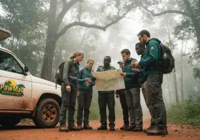 Tourists with gorilla permits at park entrance