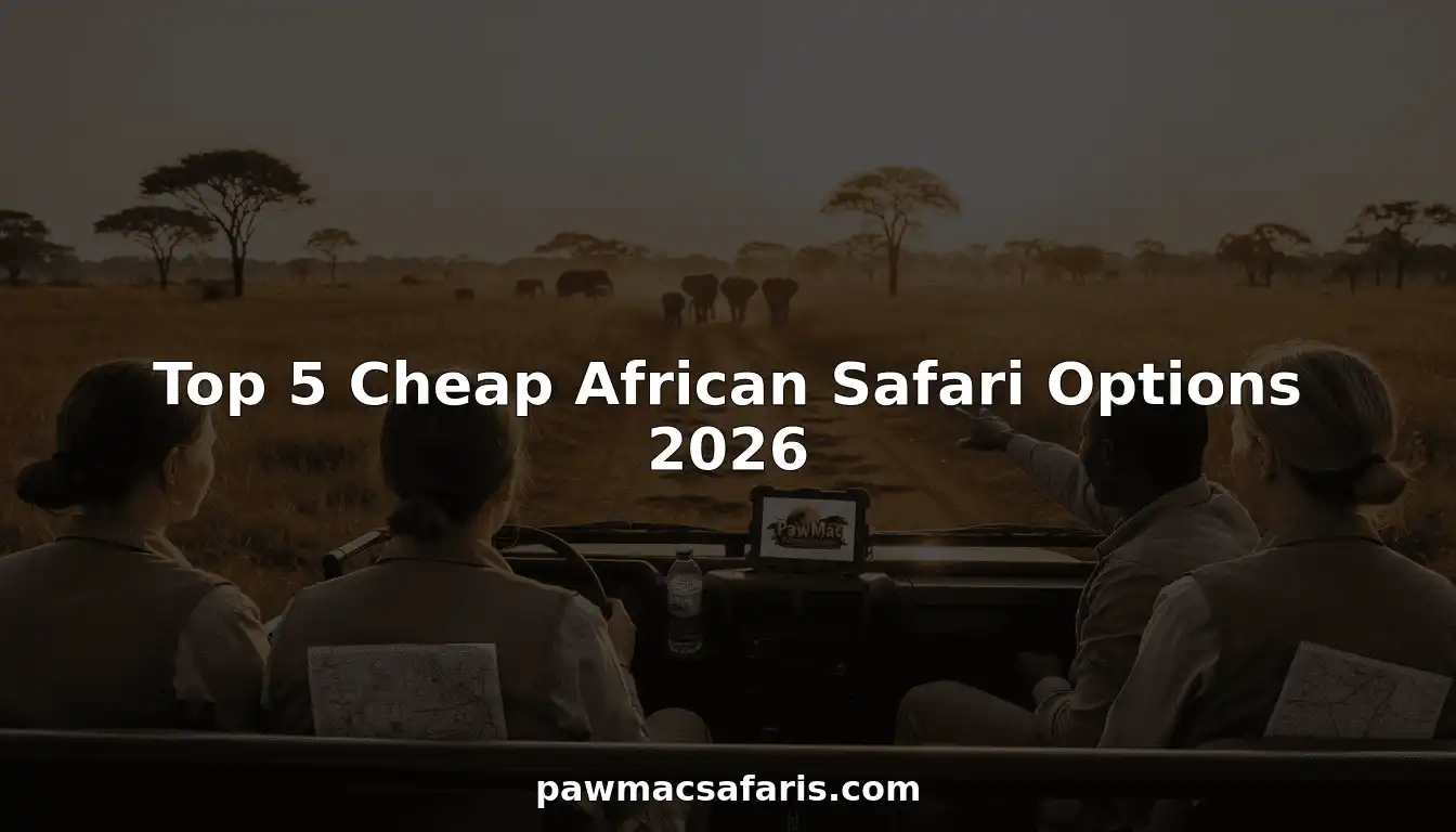 Budget safari jeep with travelers watching elephants