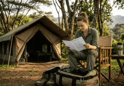 Safari traveler reviews insurance outside tent in Uganda
