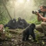 Photographer capturing gorillas in Ugandan forest
