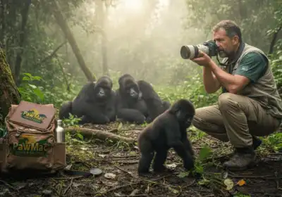 Photographer capturing gorillas in Ugandan forest
