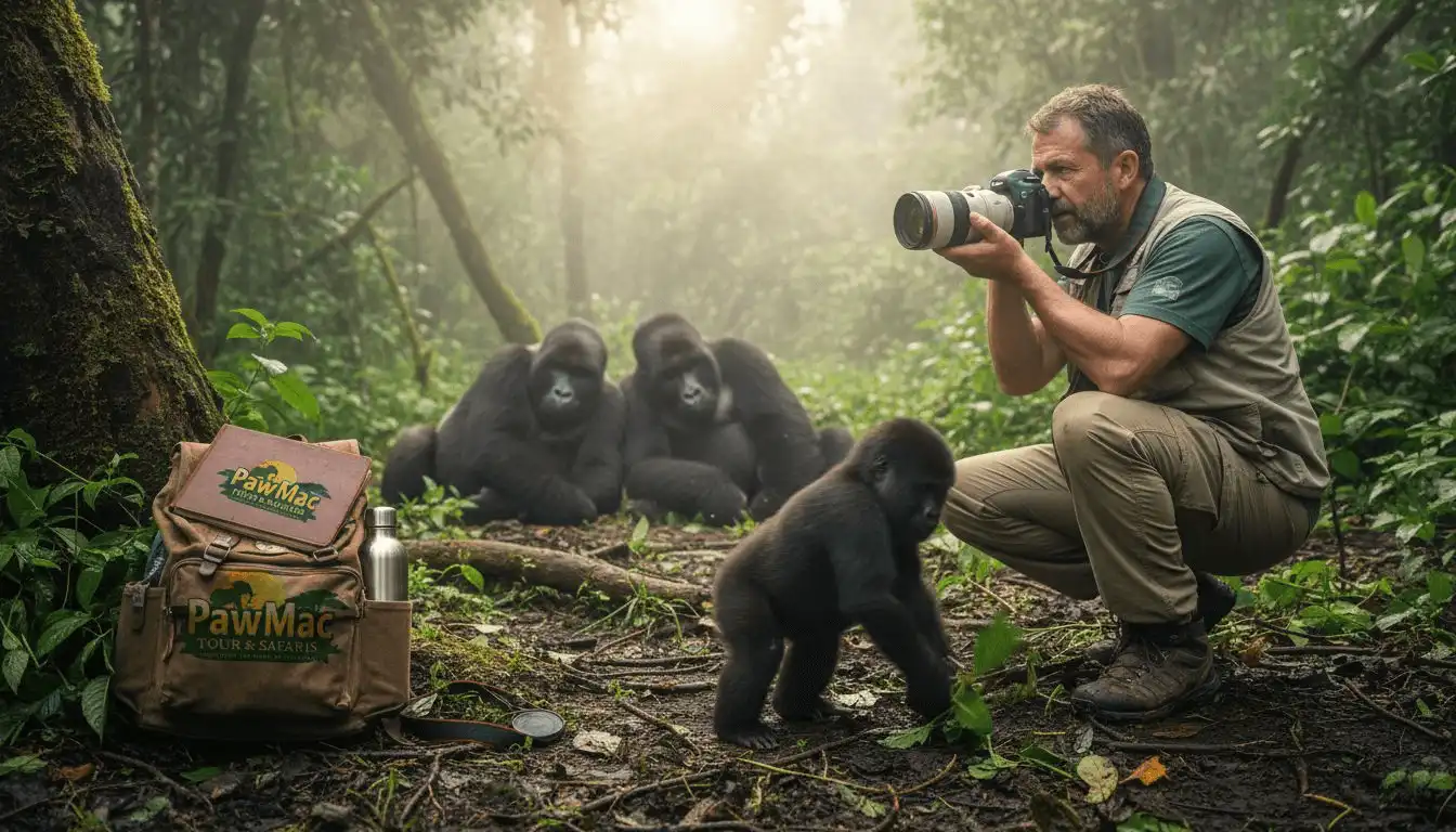 Photographer capturing gorillas in Ugandan forest