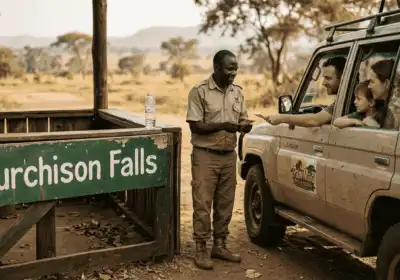 Ranger checks tickets at Uganda safari gate