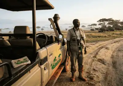 Safari guide and vehicle at dawn in Uganda