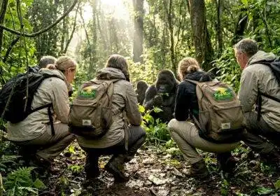 Tourists observing gorillas in Ugandan rainforest