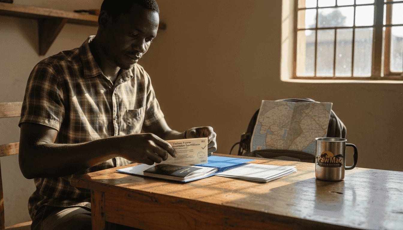 Safari traveler organizing Uganda visa documents