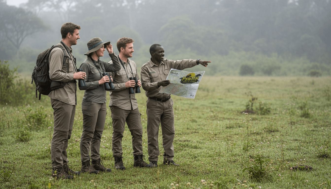 Tourists and ranger on Uganda safari trail
