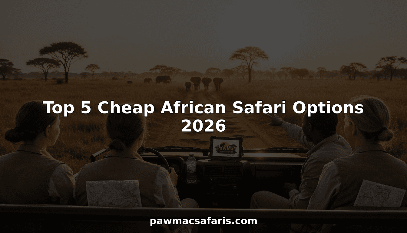 Budget safari jeep with travelers watching elephants