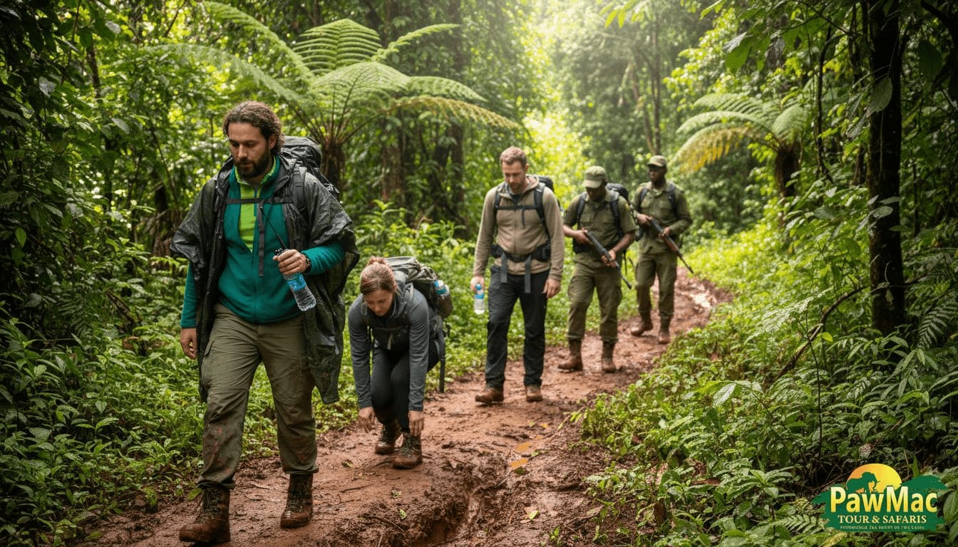 Tourists trekking with rangers in Bwindi forest