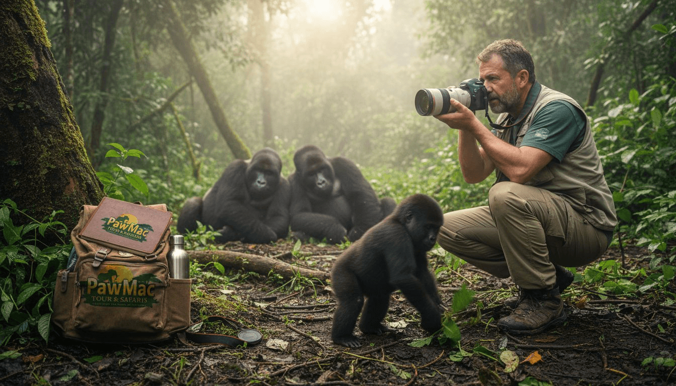 Photographer capturing gorillas in Ugandan forest